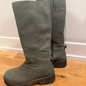 olive green lug sole knee high boots